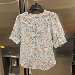 💕MICHAEL STARS💕 Short Puff Sleeve Top ~ Light Blue Floral Print NWOT
